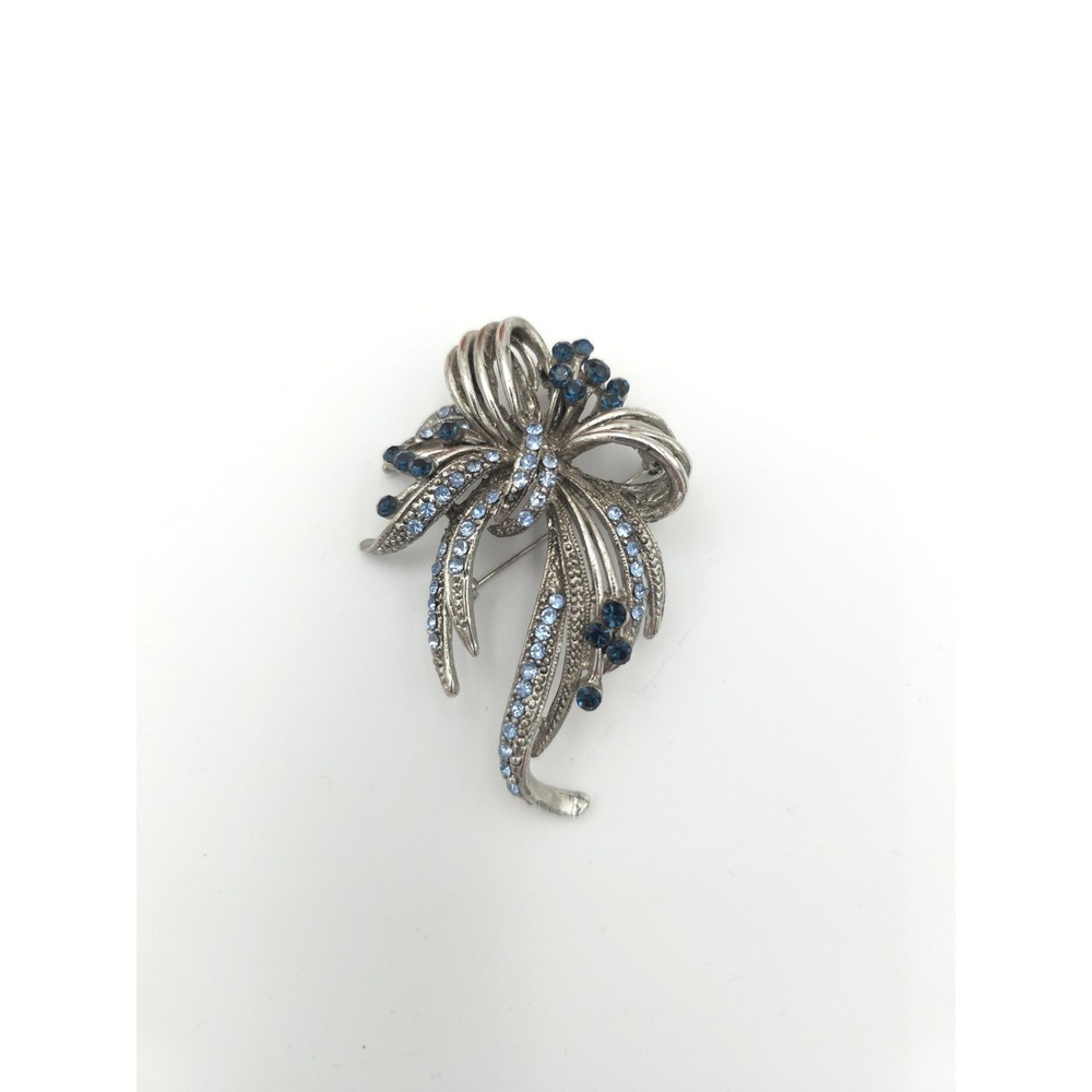 Silver Tone Brooch Blue Rhinestones Bow‎ Ribbon